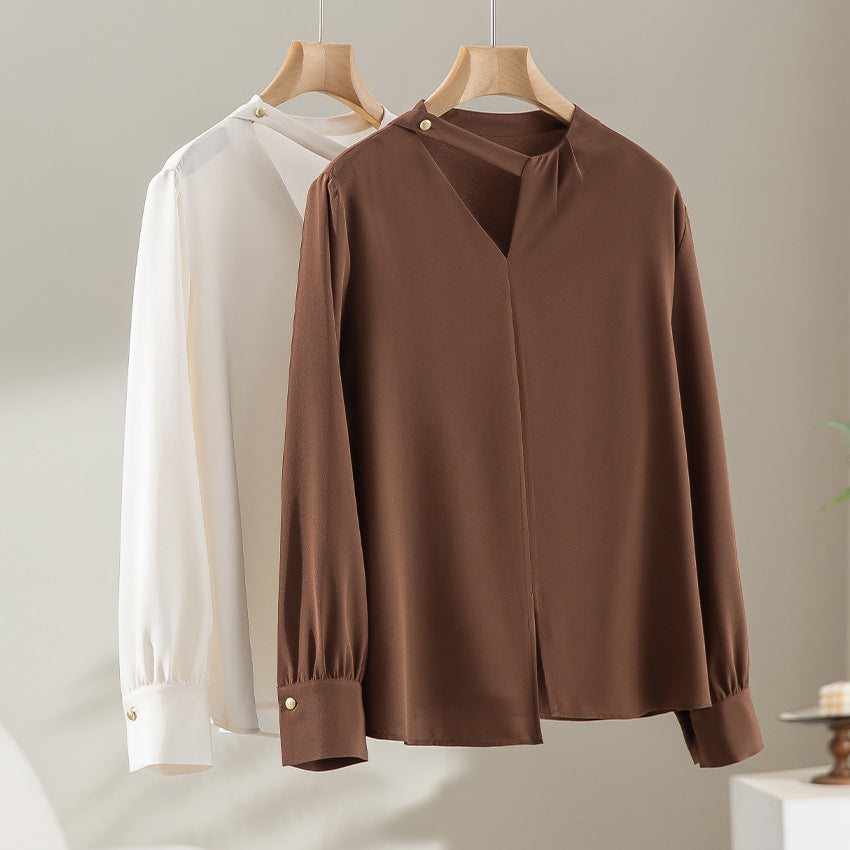Damen elegante oversized Bluse mit asymmetrischem V-Ausschnitt und Manschetten Shop Nory