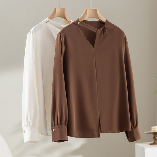 Damen elegante oversized Bluse mit asymmetrischem V-Ausschnitt und Manschetten Shop Nory