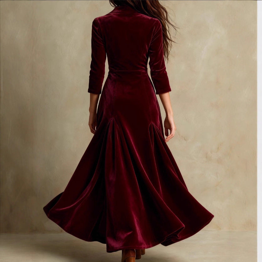 Damen Samt-Midaxi-Kleid mit tailliertem Sakko-Oberteil, V-Ausschnitt und weitem Stufenrock Shop Nory
