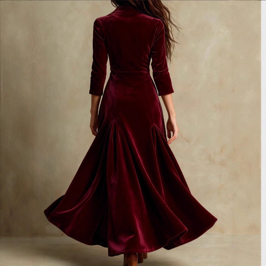 Damen Samt-Midaxi-Kleid mit tailliertem Sakko-Oberteil, V-Ausschnitt und weitem Stufenrock Shop Nory