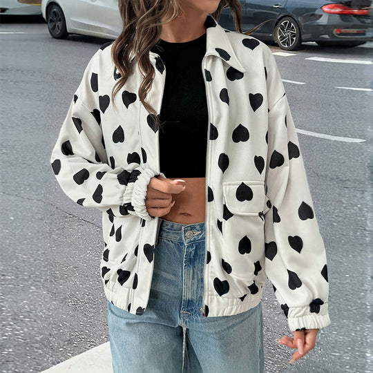 Damen Oversize-Bomberjacke mit Herzallover, Reißverschluss, Pattentaschen und elastischen Bündchen Shop Nory