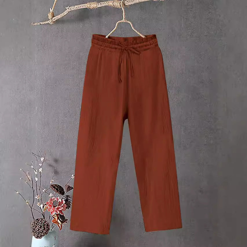 Damen Crinkle Leinenmischung Hose mit elastischem Kordelzug, gerade Beinform und lässiger Passform Shop Nory