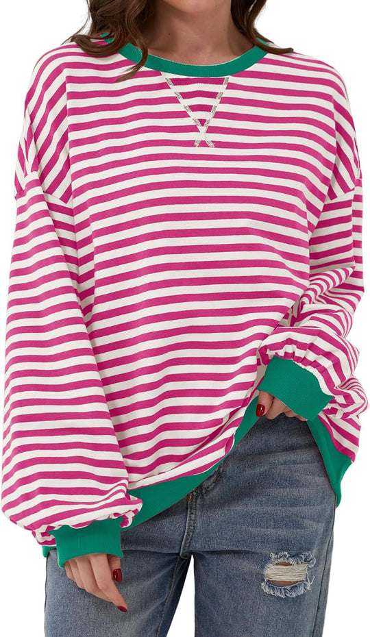 Damen lässiger Oversized Sweatshirt mit bunten Streifen und Kapuzenkordel