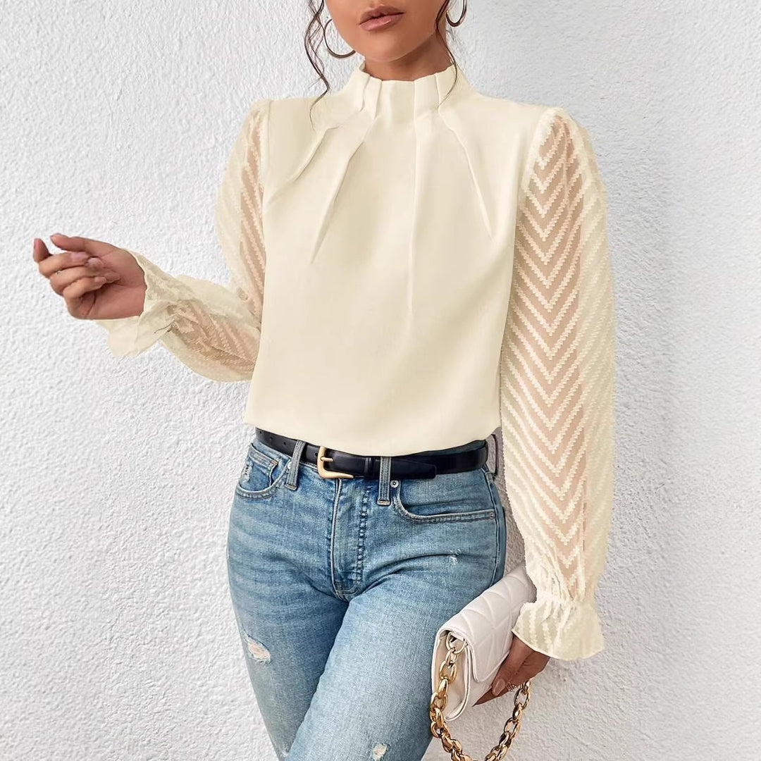 Damen Taillierte Chiffonbluse mit Stehkragen und transparenten Chevron-Ärmeln Shop Nory