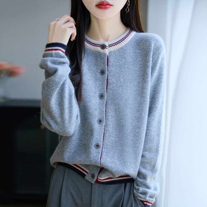 Damen Lockerer Feinstrick-Cardigan mit Kontraststreifen an Kragen und Bündchen Shop Nory