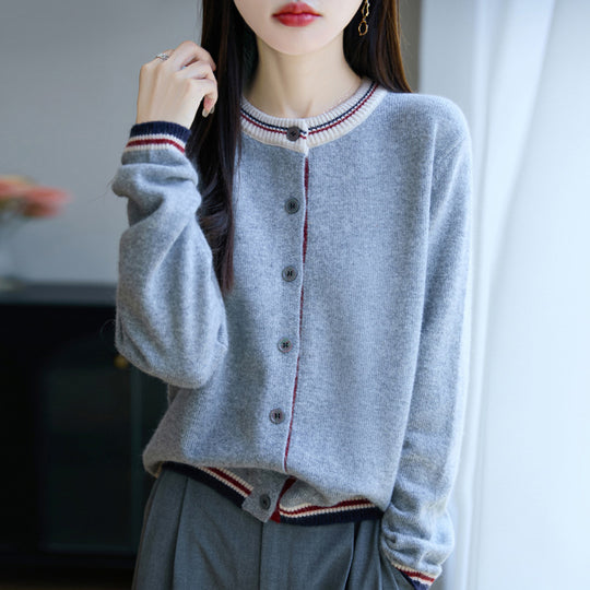 Damen Lockerer Feinstrick-Cardigan mit Kontraststreifen an Kragen und Bündchen Shop Nory