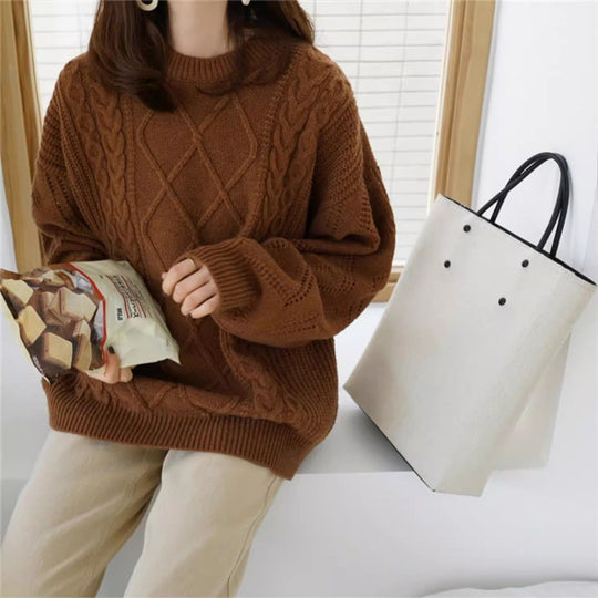 Damen Oversize Zopfmuster-Strickpullover mit Ajour‑Details und geripptem Saum Shop Nory