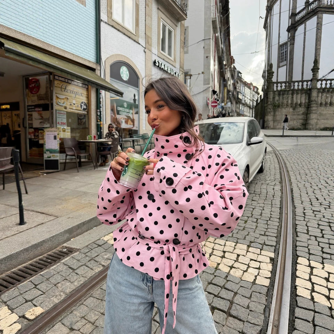 Damen Gepunkteter Trenchcoat-Style mit Bindegürtel und Ballonärmeln Shop Nory