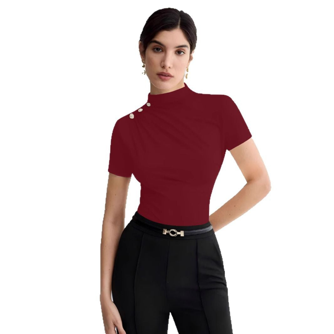 Damen elegantes Oberteil mit dekorativen Knopfdetails und modernem Stehkragen