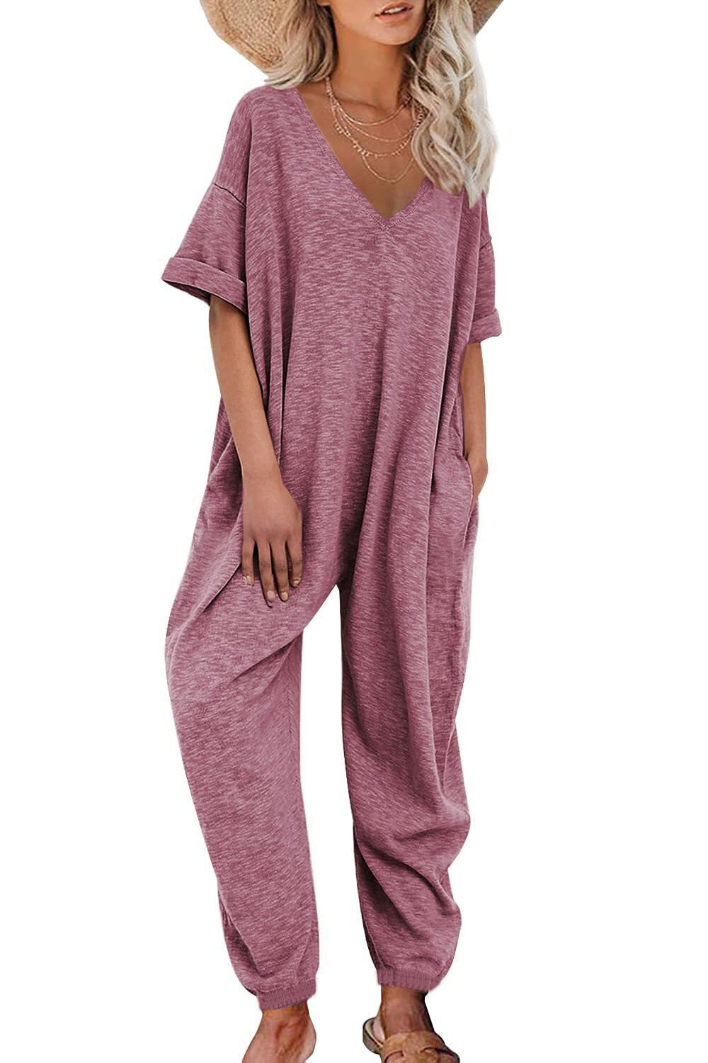 Damen Oversized Jumpsuit mit tiefem V-Ausschnitt und lässigen Taschen