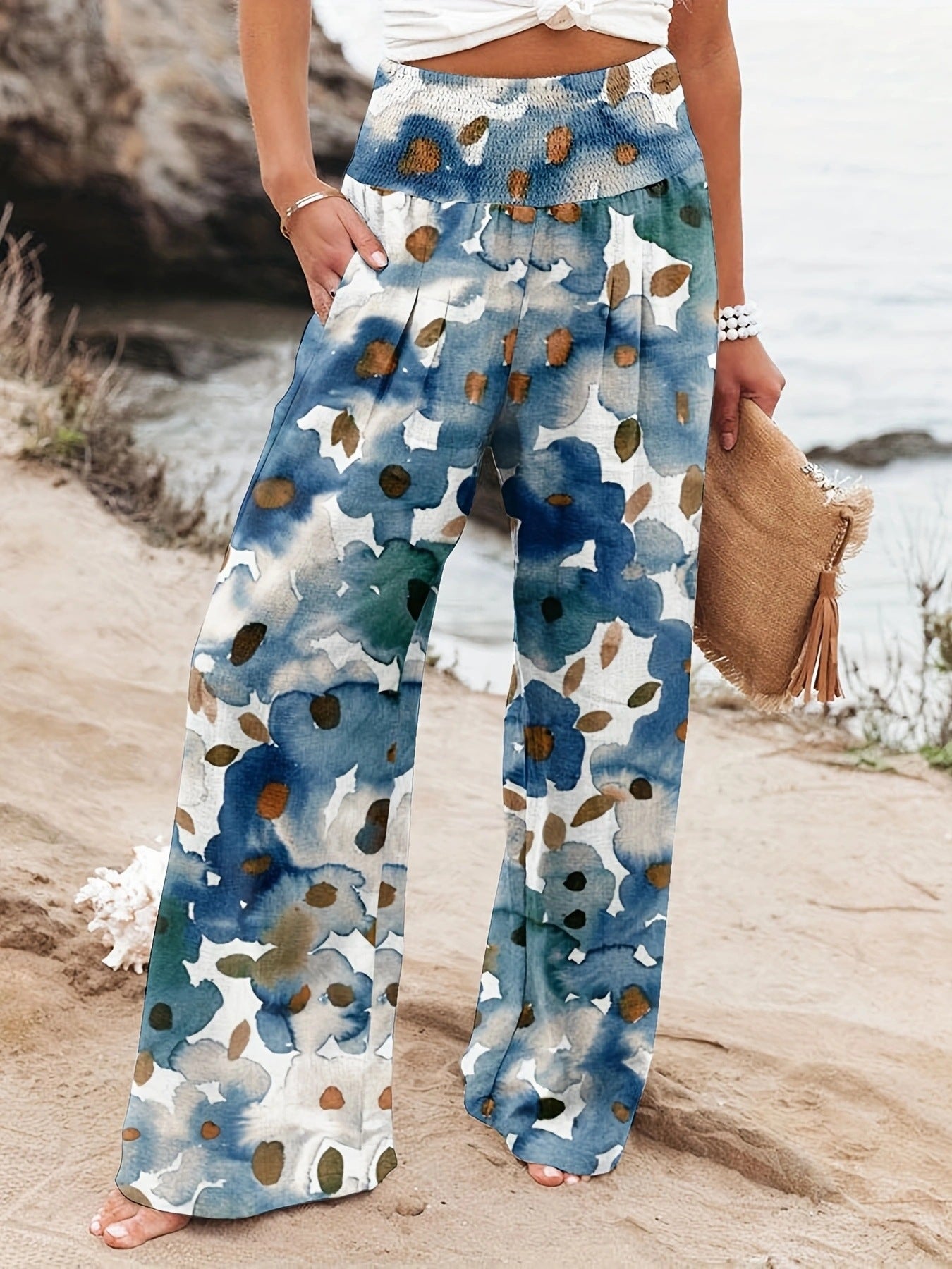 Damen Weit geschnittene Strandhose mit floralem Motiven und elastischem Bund