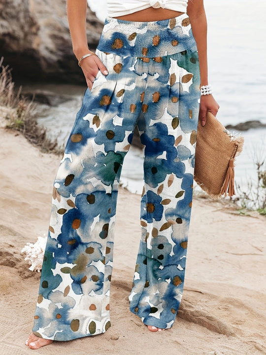 Damen Weit geschnittene Strandhose mit floralem Motiven und elastischem Bund