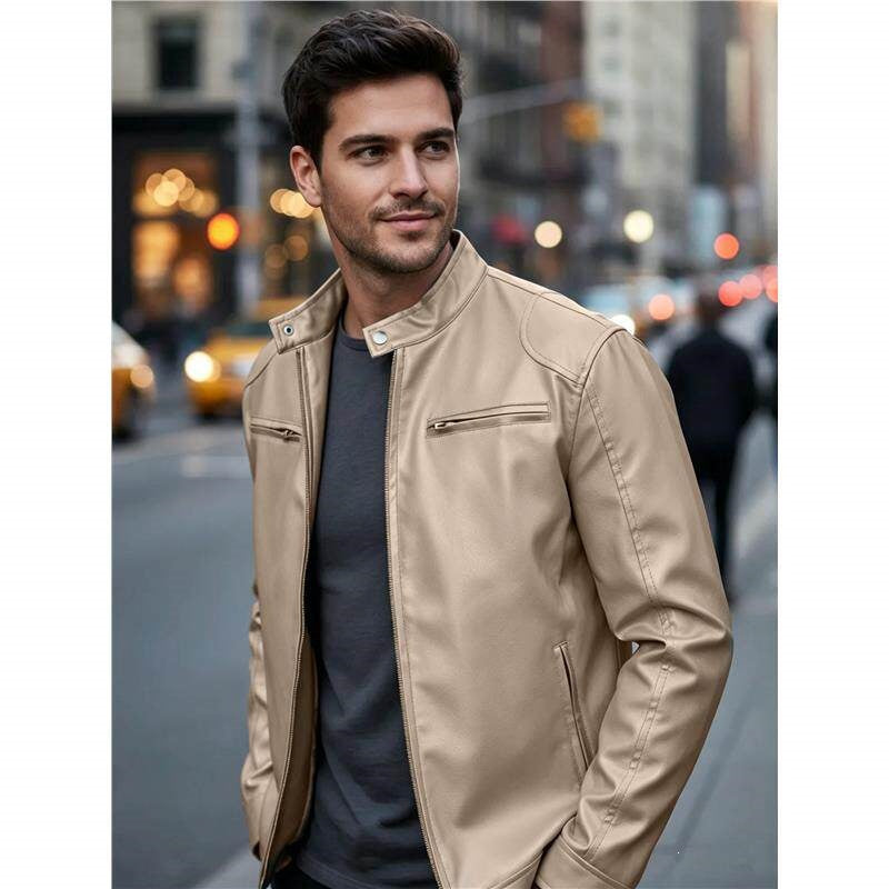 Herren Biker‑Style Kunstlederjacke mit Stehkragen und Reißverschlusstaschen Shop Nory