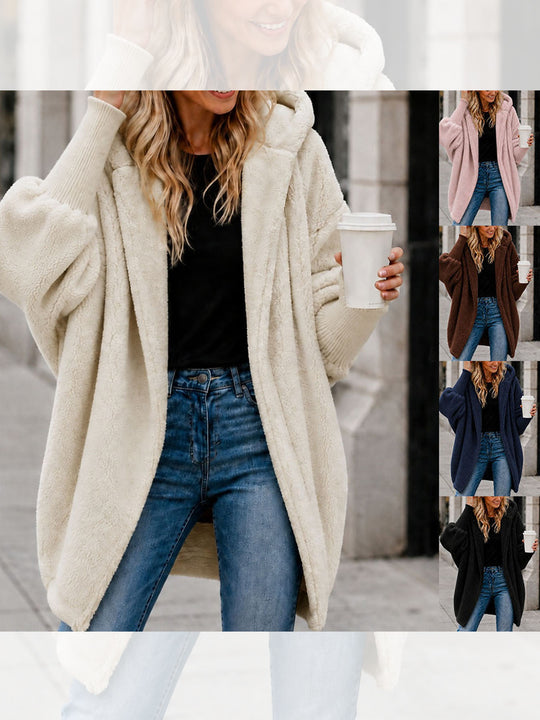 Damen Oversized Sherpa-Kapuzenmantel mit offenem Saum und Rippenbündchen Shop Nory