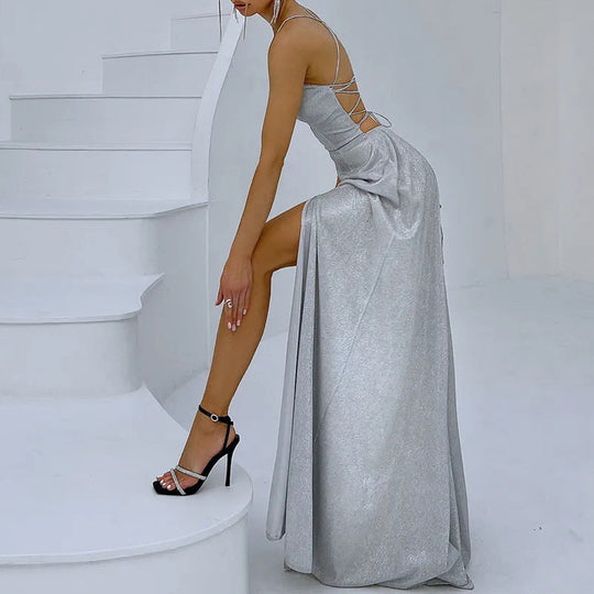 Damen Glamouröses Abendkleid mit offenem Rücken und funkelnder Stoffqualität