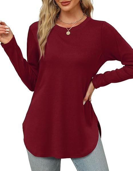 Damen Lässiges Longsleeve-Tunikaoberteil mit Rundhalsausschnitt, Seitenschlitzen und Aquarell-Blattprint Shop Nory