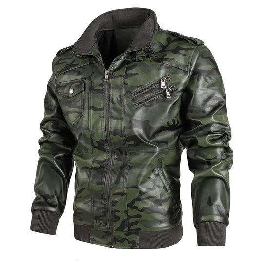 Herren Camouflage-Kunstleder-Bomberjacke im Pilotenstil mit Rippbündchen und Zipper-Taschen Shop Nory