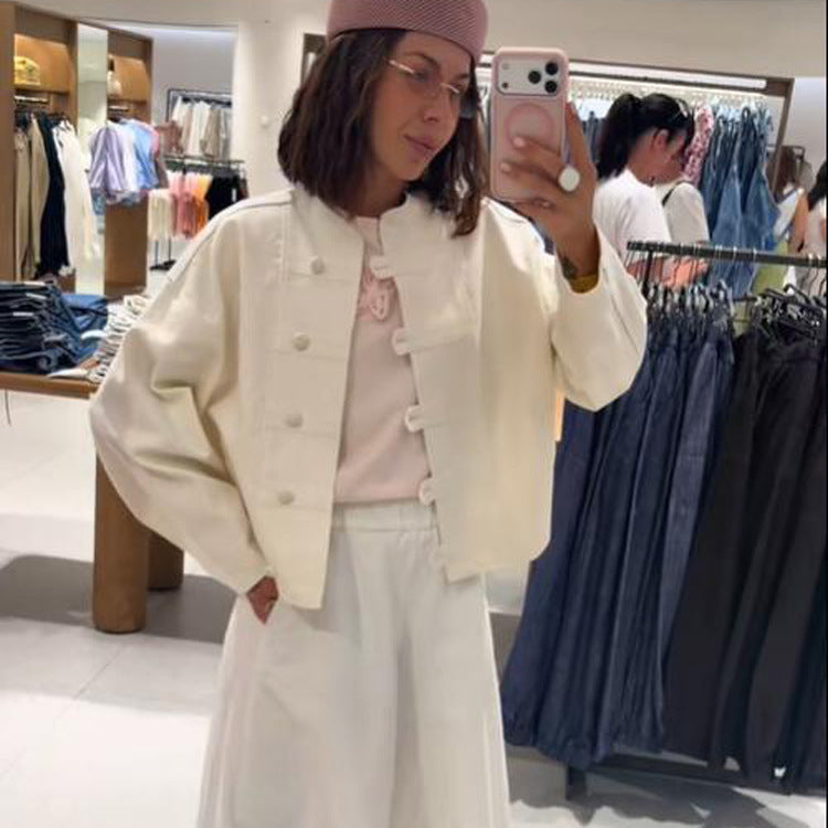 Damen Cropped-Boxy-Jacke mit chinesischem Stehkragen und Zierknopfleiste Shop Nory