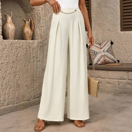 Damen High-Waist Palazzo-Hose mit weitem Bein, Bundfalten und Zierkettendetail Shop Nory