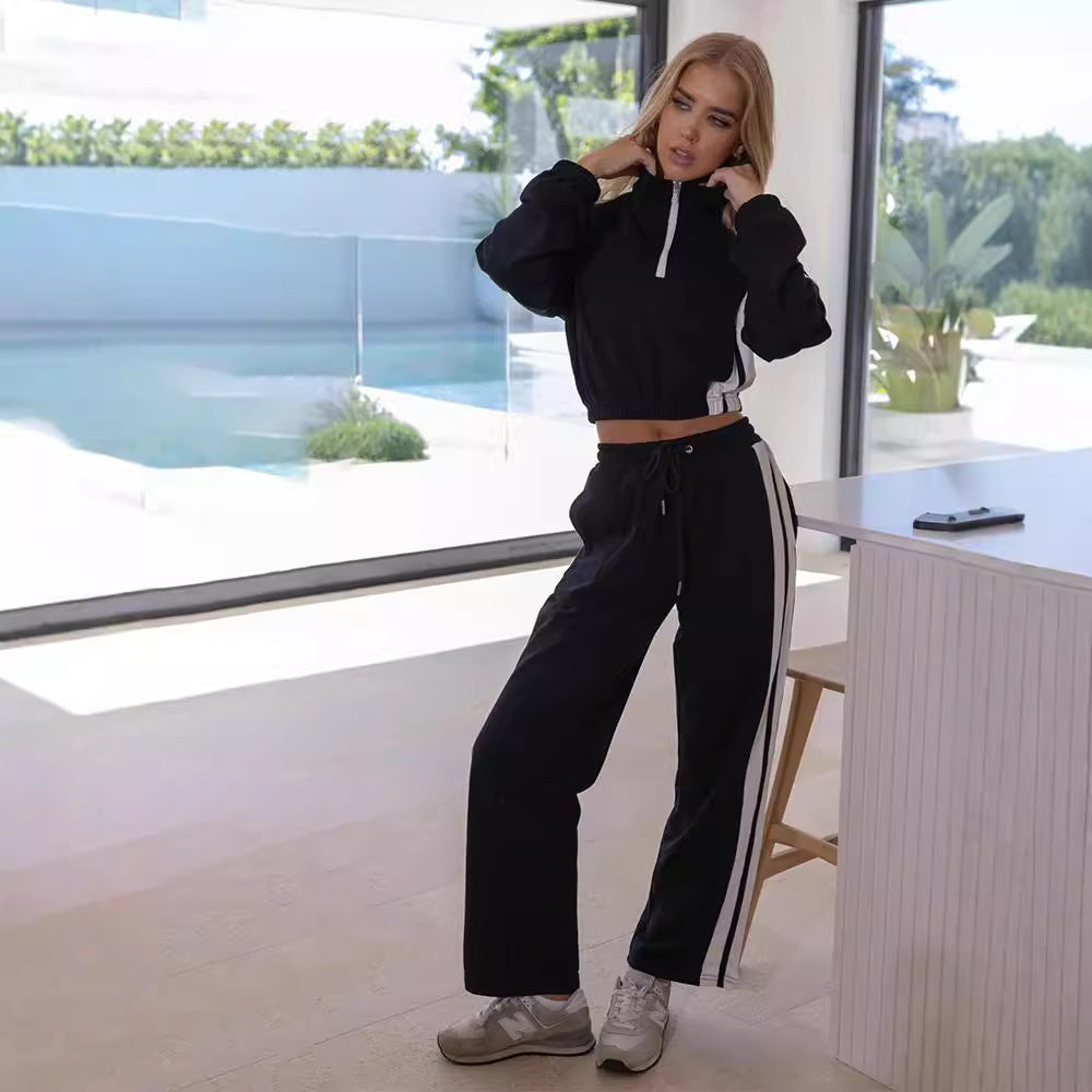 Damen legeres Sweat-Lounge-Set mit halbem Reißverschluss, Kordelzugbund und Kontraststreifen Shop Nory