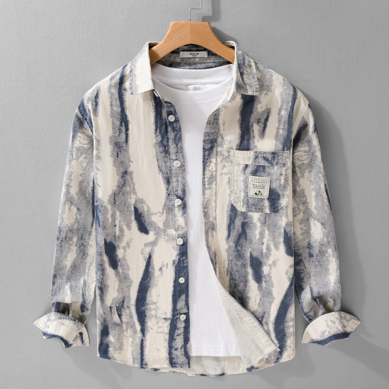 Herren Lockeres Hemdjacken-Overshirt aus Leinen-Baumwollmix mit abstraktem Brush‑Print und Kentkragen Shop Nory