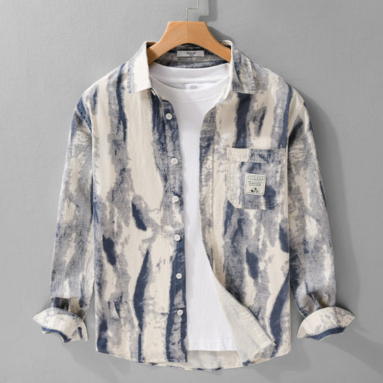 Herren Lockeres Hemdjacken-Overshirt aus Leinen-Baumwollmix mit abstraktem Brush‑Print und Kentkragen Shop Nory
