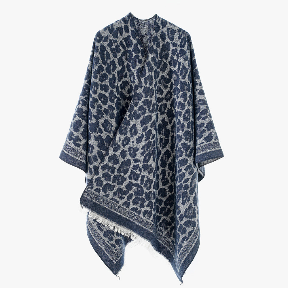 Damen Eleganter Jacquard-Überwurf mit Leopardenjacquard und Fransen Shop Nory