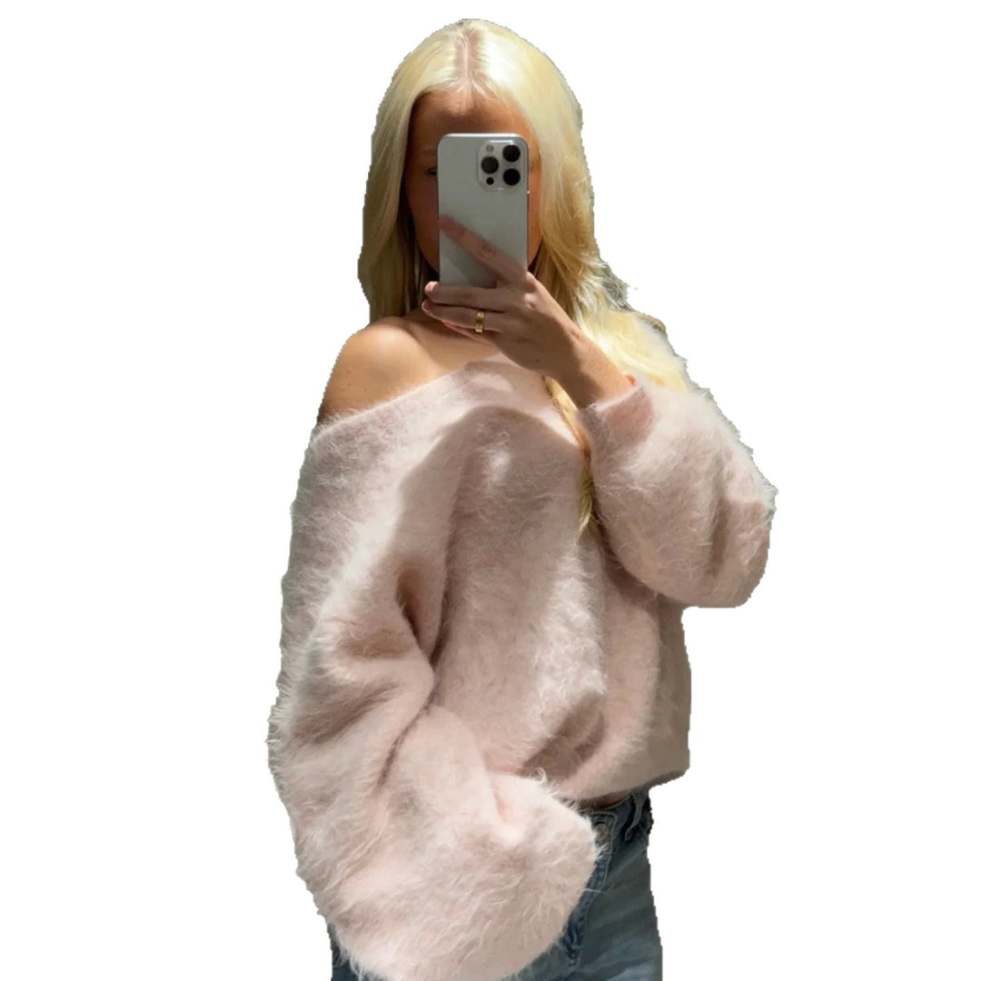Damen nan oversized flauschiger Mohair-Blend Off-Shoulder Pullover mit Balloon-Ärmeln Shop Nory