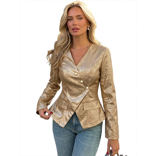 Damen Taillierter Metallic-Blazer mit Perlenknopfleiste und Schößchen Shop Nory