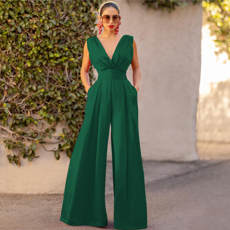 Damen Jumpsuit mit tiefem V-Ausschnitt und weit geschnittenem Bein