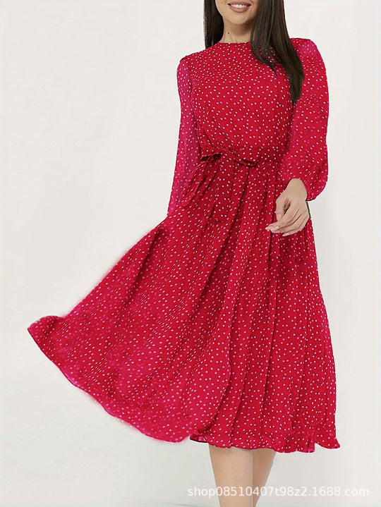 Damen Midikleid mit Punkten, taillierter Bindegürtel und Volantrock Shop Nory