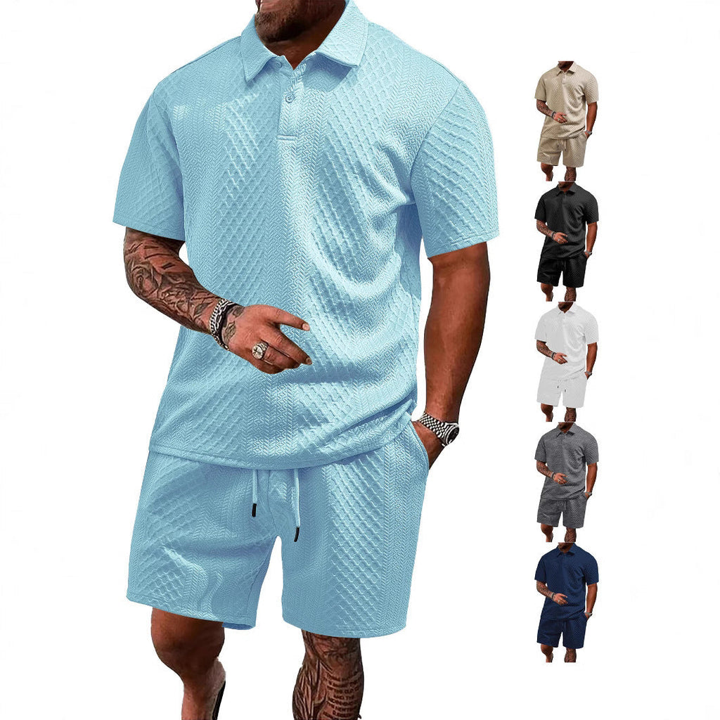 Herren nan geprägtes Waffel-Polo mit Kentkragen und elastischer Tunnelzugshorts im Set