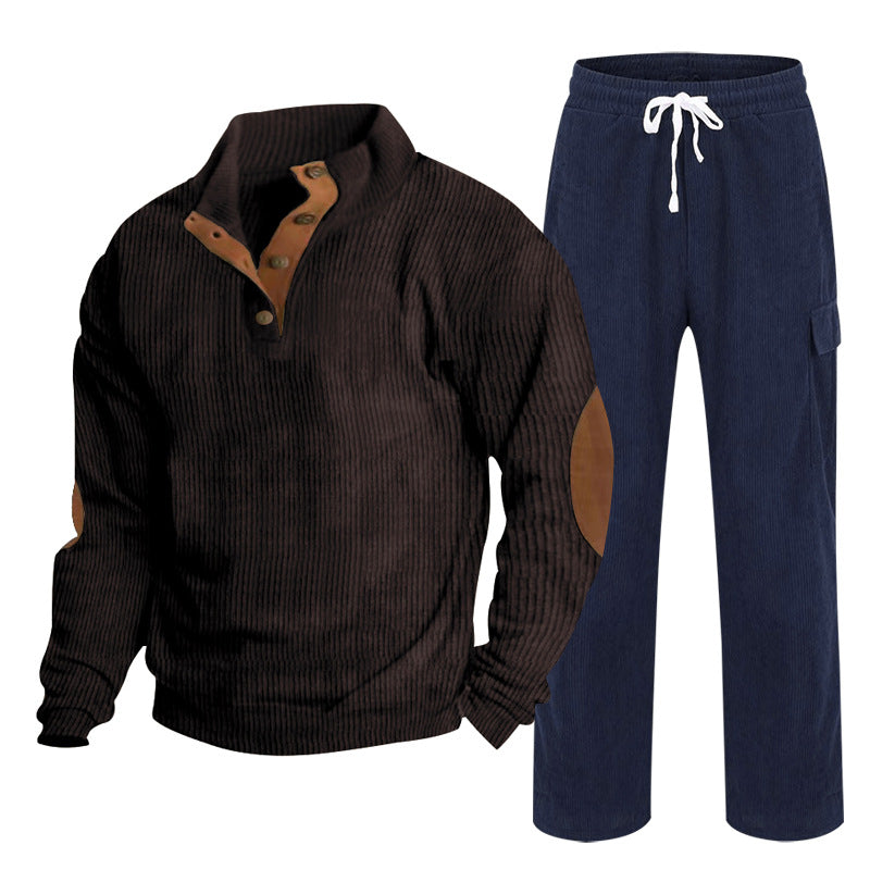 Herren Gemütliches Freizeit-Set aus Waffelstrick-Henley mit Ellenbogenpatch und Relax-Cargo-Hose Shop Nory