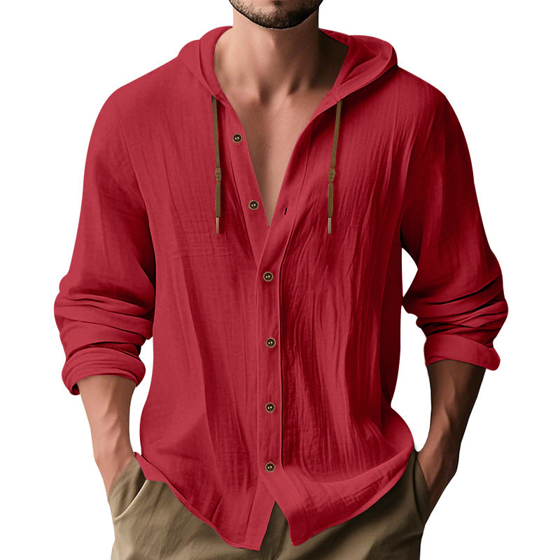 Herren nan leichtes Kapuzenhemdjacke aus Leinenoptik mit durchgehender Knopfleiste