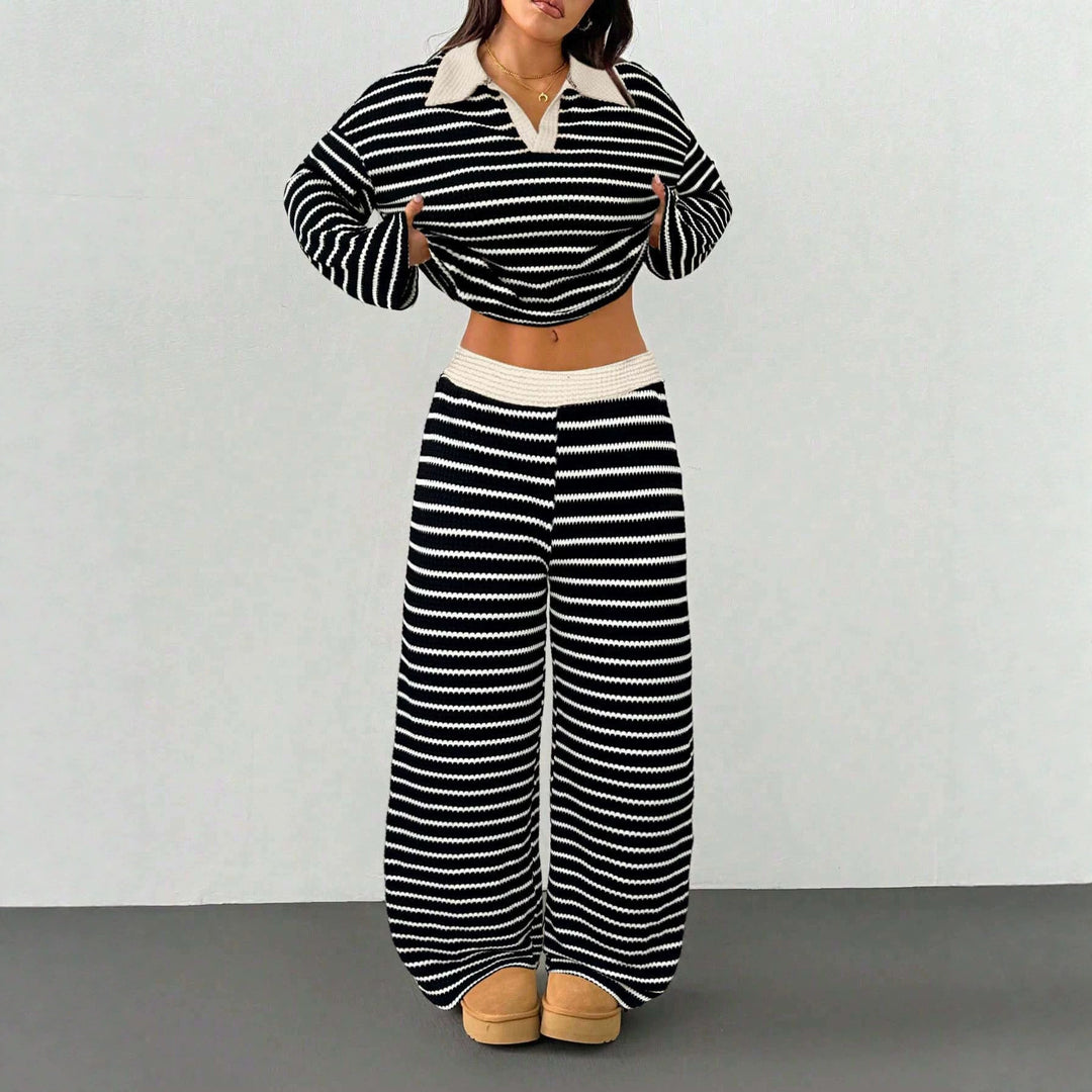 Damen Gestreiftes Strick-Set aus Polokrippenpullover und weiten Palazzo-Strickhose Shop Nory