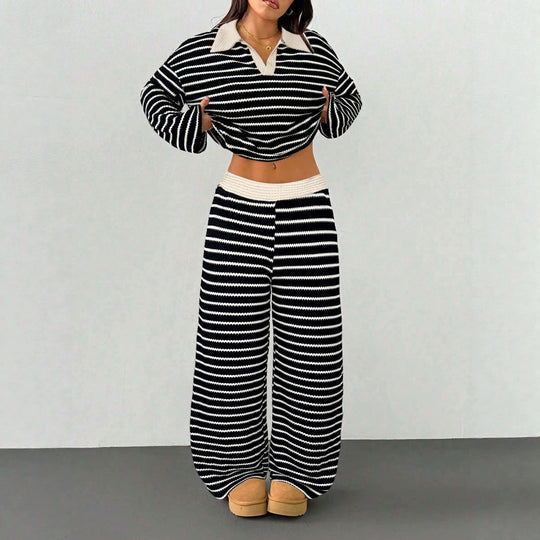 Damen Gestreiftes Strick-Set aus Polokrippenpullover und weiten Palazzo-Strickhose Shop Nory