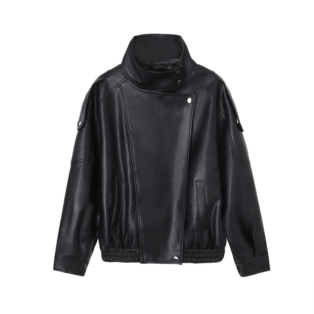 Damen Oversize-Kunstlederjacke mit hohem Stehkragen und asymmetrischer Blende Shop Nory