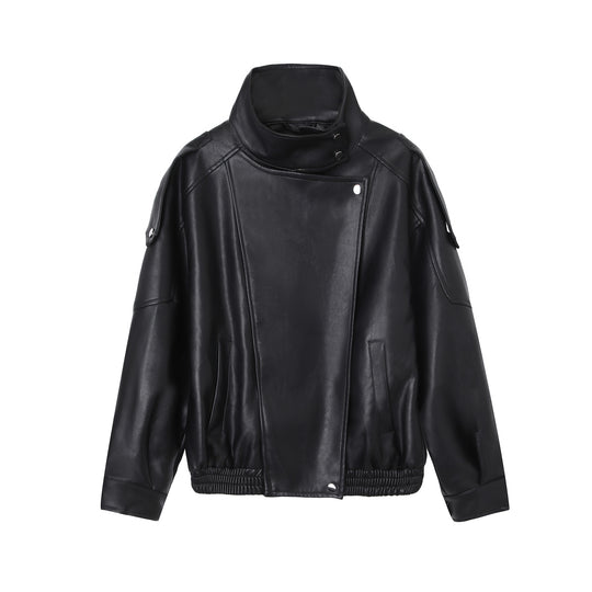 Damen Oversize-Kunstlederjacke mit hohem Stehkragen und asymmetrischer Blende Shop Nory