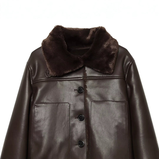 Damen Kurzjacke aus Lederoptik mit Teddy-Futter, aufgesetzten Taschen und Umlegekragen Shop Nory