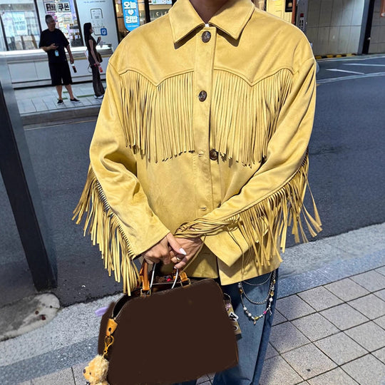 Damen Oversize Fransenjacke im Westernstil aus Veloursleder-Optik mit Hemdkragen Shop Nory