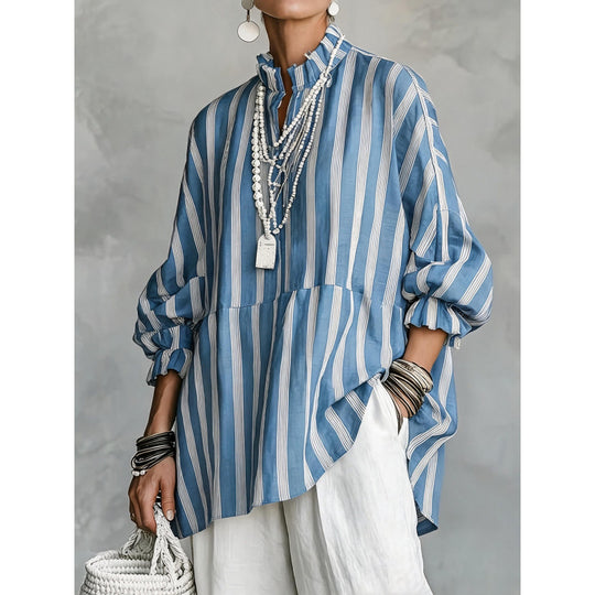 Damen Gestreifte Oversize-Tunika mit Rüschkragen und Ballonärmeln Shop Nory