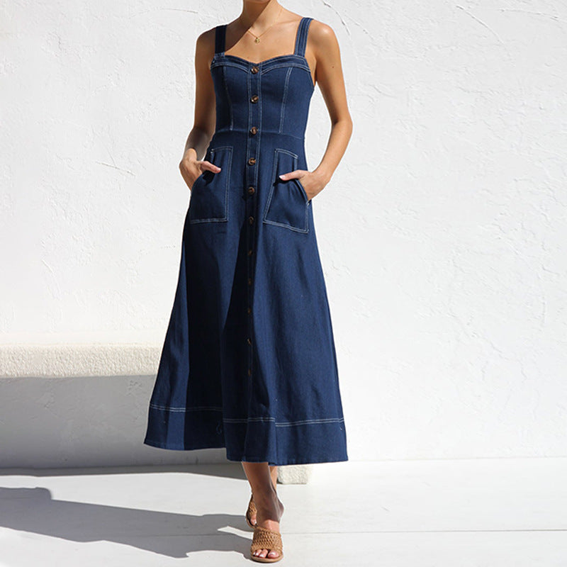 Damen langes Jeanskleid mit Knopfleiste und praktischen Taschen
