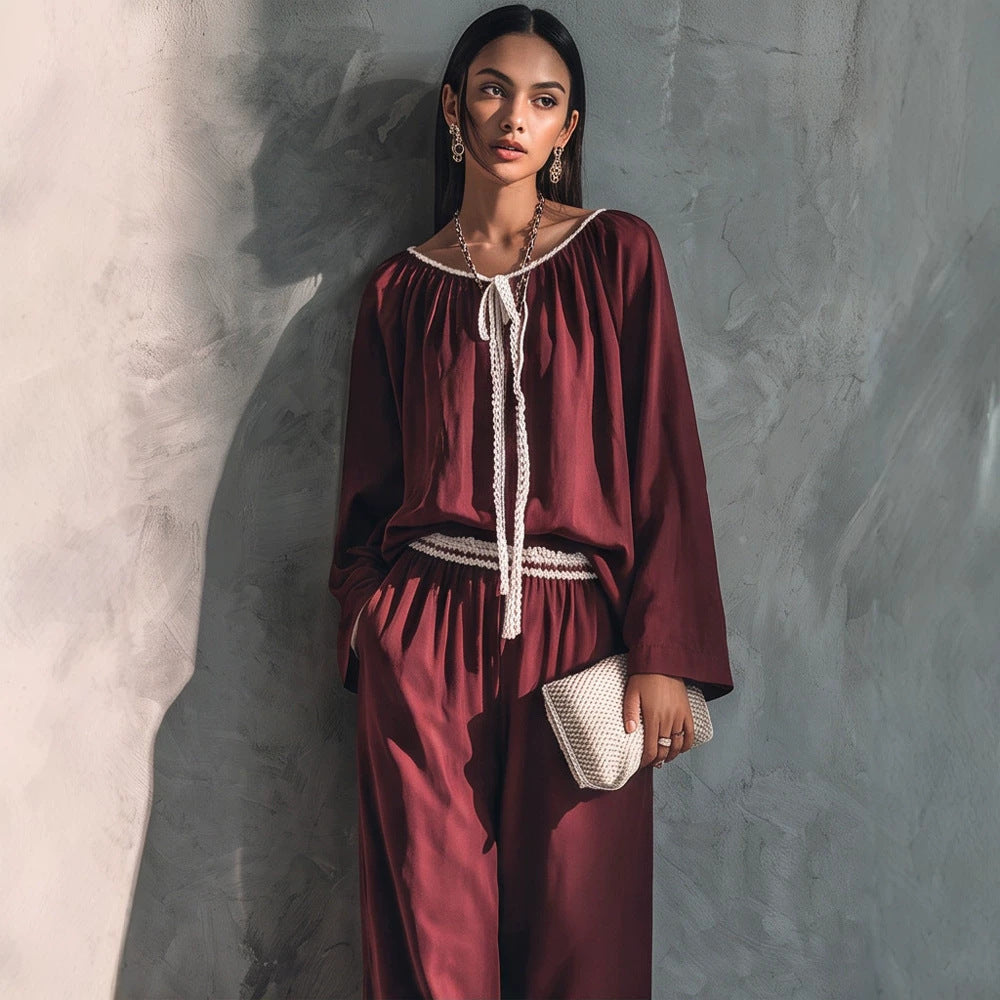 Damen Fließendes zweiteiliges Loungewear-Set aus Seidenoptik mit weiter Palazzohose und geraffter Tunika Shop Nory