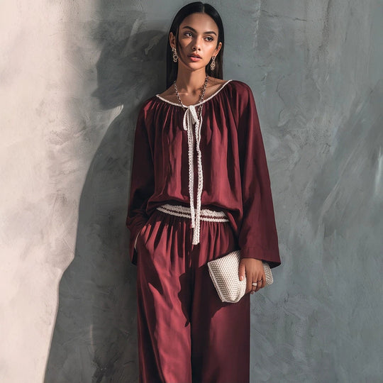 Damen Fließendes zweiteiliges Loungewear-Set aus Seidenoptik mit weiter Palazzohose und geraffter Tunika Shop Nory