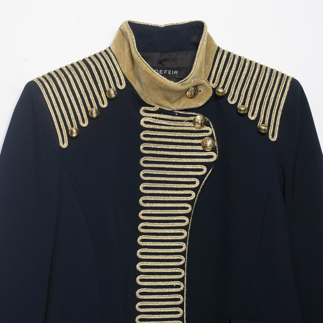 Damen Militärinspirierte Kurzjacke mit goldener Kordelverzierung und Samtmanschetten Shop Nory