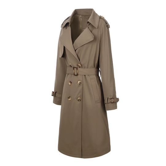 Damen Langer Doppelreihiger Trenchcoat mit Taillengürtel und Epauletten Shop Nory
