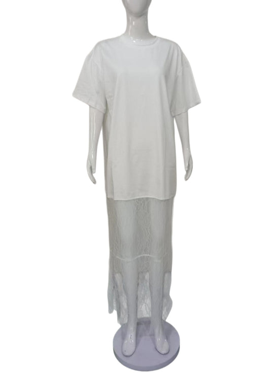 Damen Langes Lagenkleid mit Oversize-T-Shirt-Top und transparentem Spitzenunterrock Shop Nory