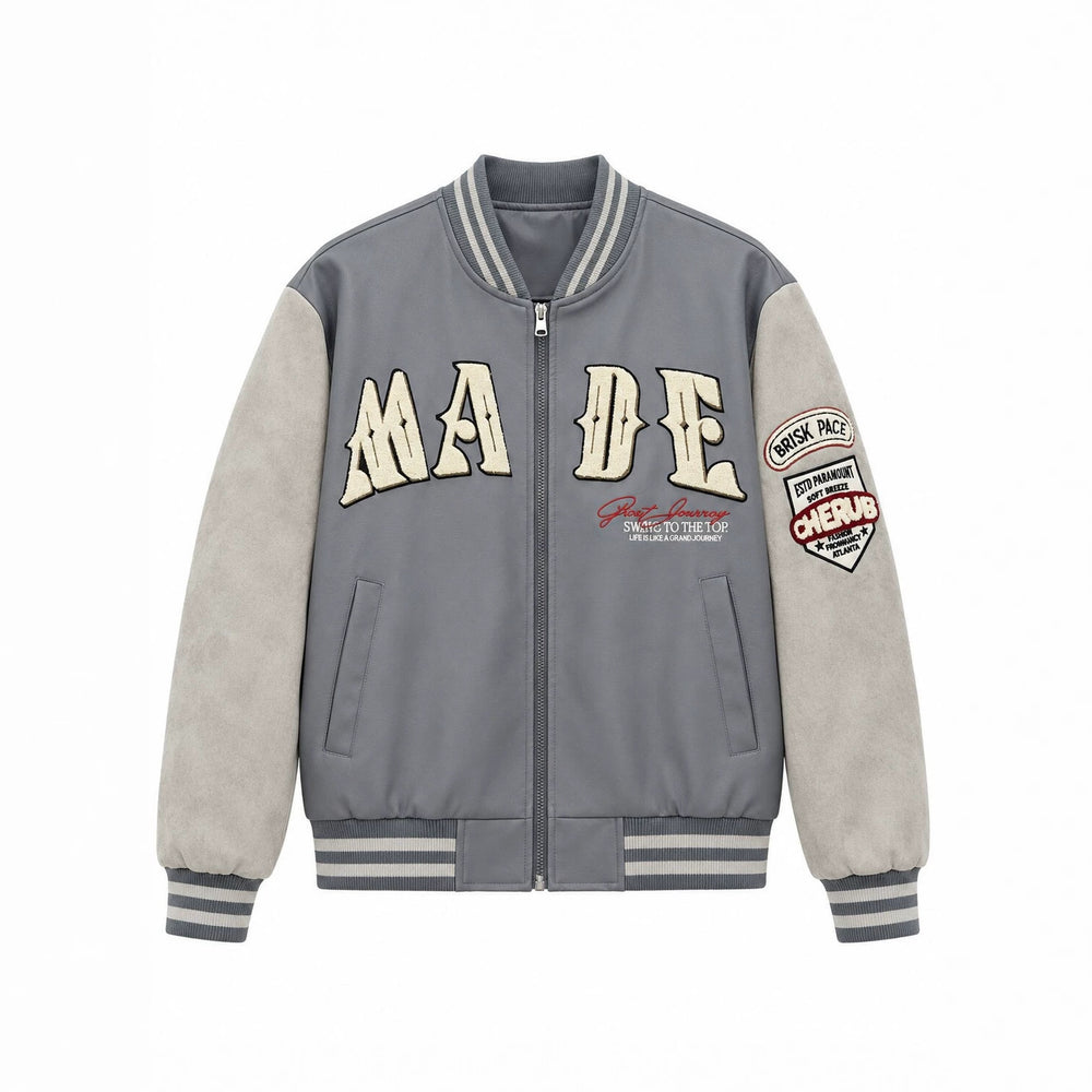 Herren Collegejacke im Letterman‑Style mit Kunstlederkörper und Veloursärmeln Shop Nory