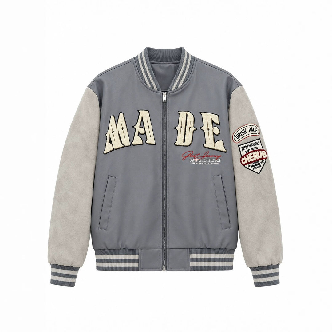Herren Collegejacke im Letterman‑Style mit Kunstlederkörper und Veloursärmeln Shop Nory