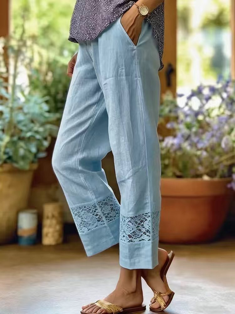 Damen Leinenoptik Culotte-Hose mit Spitzeinsatz am Saum und seitlichen Eingrifftaschen Shop Nory